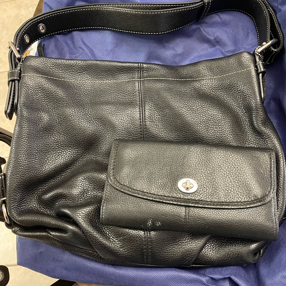 Coach Black Pebble Leather Shoulder Bag & Matching not Coach wallet
